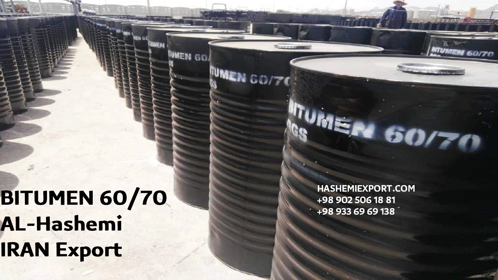 Iranian bitumen 60/70 in new steel drums – export grade for road construction.